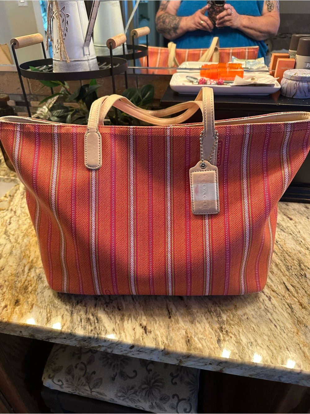Coach Striped Orange and Cream Canvas Tote with Leather Trim